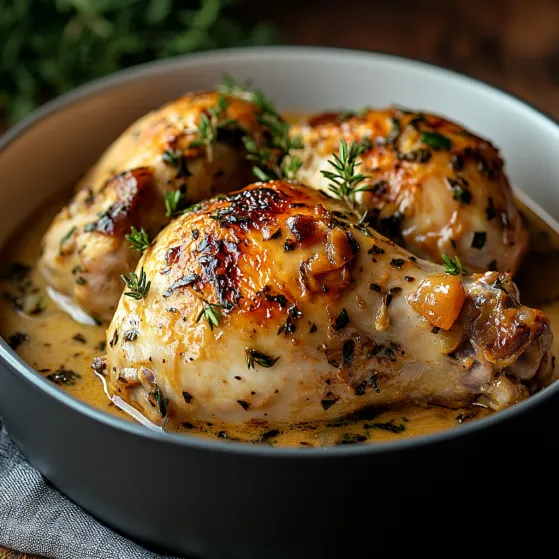 A bowl of chicken with herbs and spices.