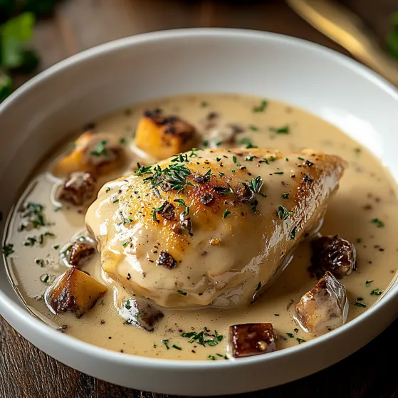 A bowl of chicken soup with a chicken breast.