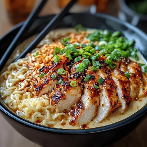 A bowl of noodles with chicken and vegetables.