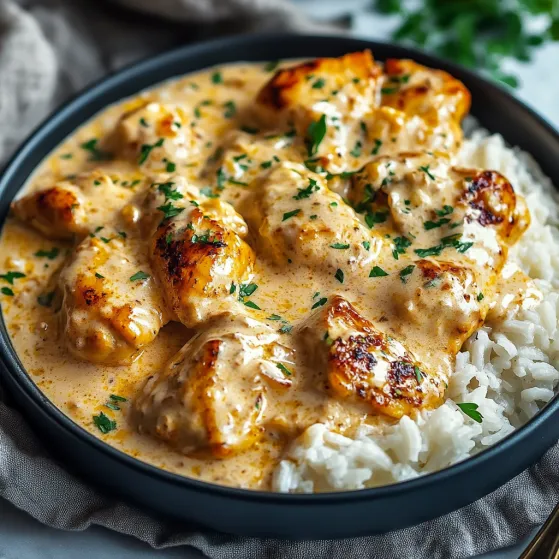 A bowl of chicken and rice.