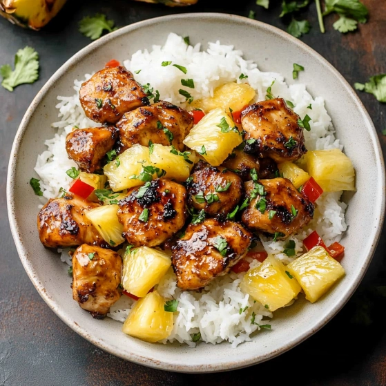 A bowl of rice with meat and pineapple.