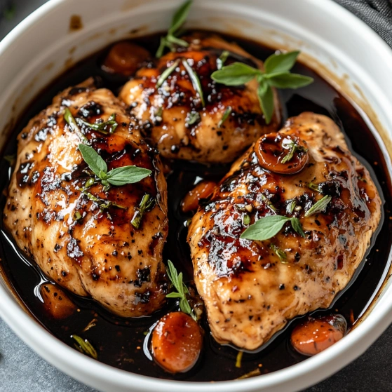 A bowl of chicken with herbs and spices.