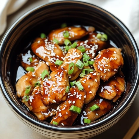 A bowl of chicken with sauce.