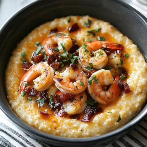A bowl of grits with shrimp and bacon.
