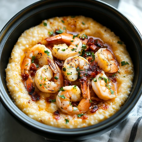 A bowl of grits with shrimp and herbs.
