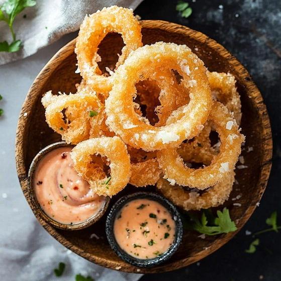 A bowl of onion rings with a dipping sauce.