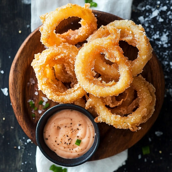 A plate of onion rings with a dipping sauce.