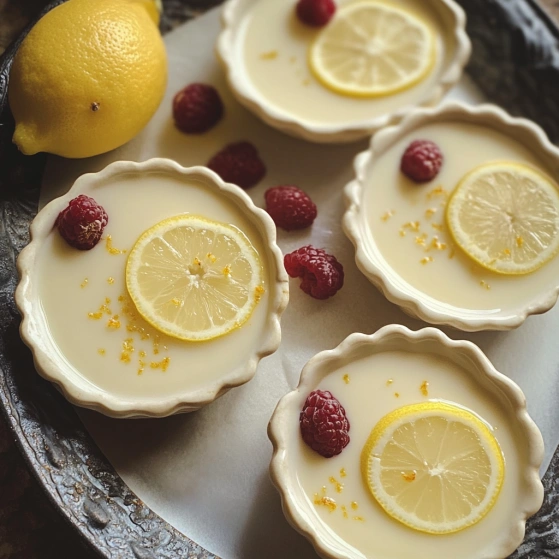 A plate of desserts with lemon and raspberry toppings.