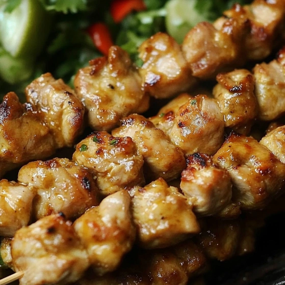 A skewer of meat with vegetables.