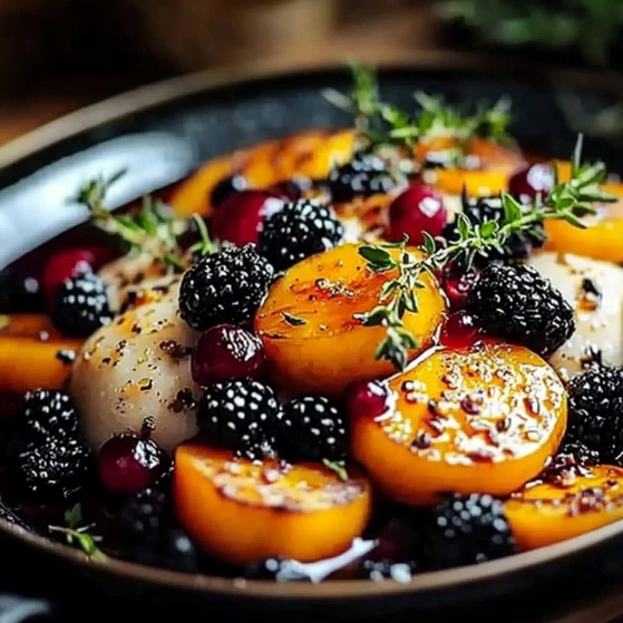 A bowl of food with blackberries, peaches, and other fruits.