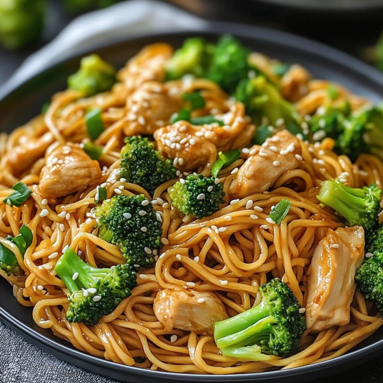 A bowl of chicken and broccoli noodles.