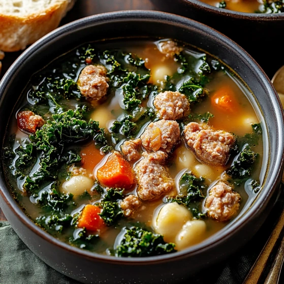 A bowl of soup with meat and vegetables.