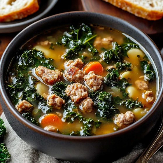 A bowl of soup with meat and greens.