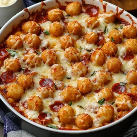 A bowl of food with pepperoni and cheese.