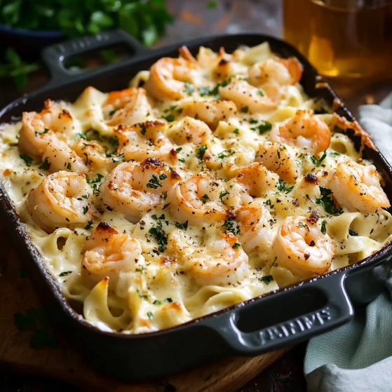 A pan of shrimp and pasta.