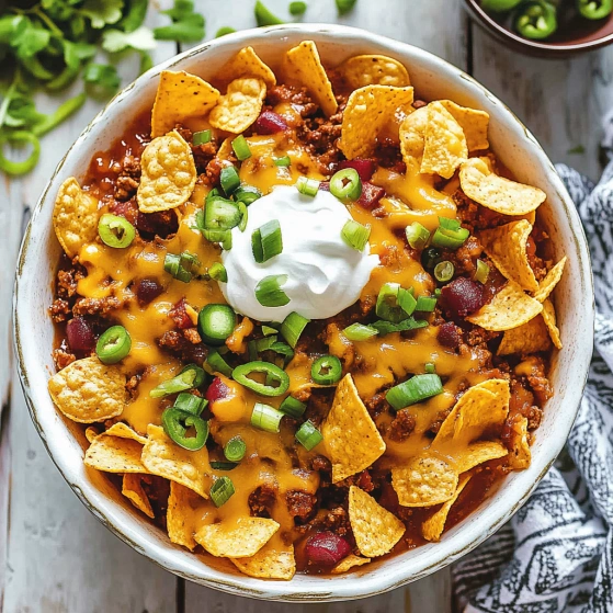 A bowl of chili with chips and a dollop of sour cream.