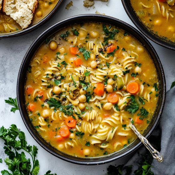 A bowl of soup with noodles and vegetables.