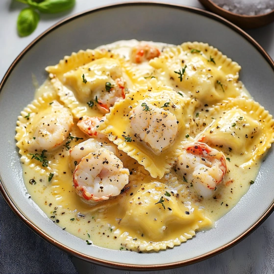 A plate of pasta with shrimp and cheese.