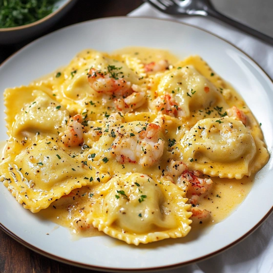 A plate of pasta with shrimp and cheese.