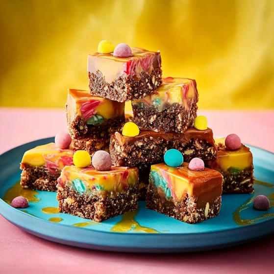 A plate of cake with marshmallows and candy on top.