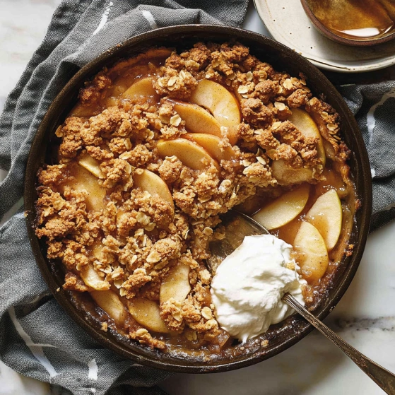 A bowl of apple crumble with a spoon in it.
