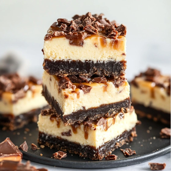 A stack of three chocolate cake bars.