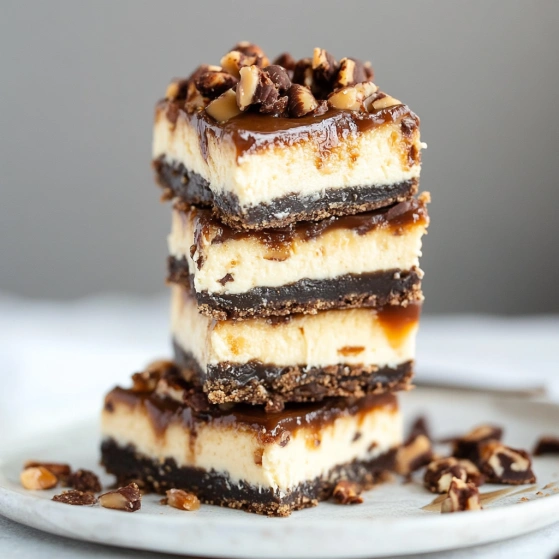 A stack of three cake bars with caramel sauce.
