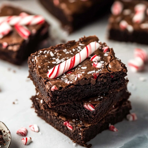 A close up of a chocolate brownie with a candy cane on top.