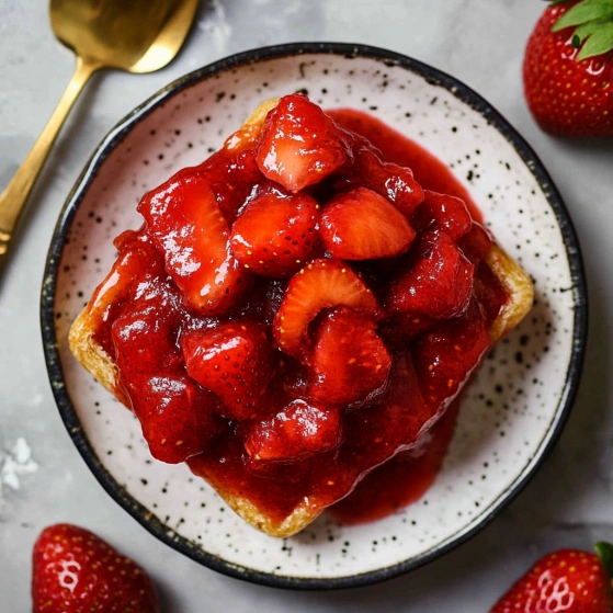 A bowl of strawberry jam with a spoon in it.