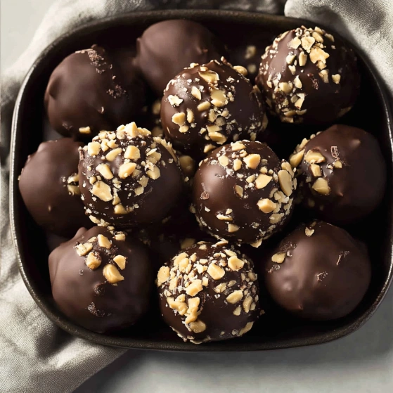 A bowl of chocolate balls with nuts.