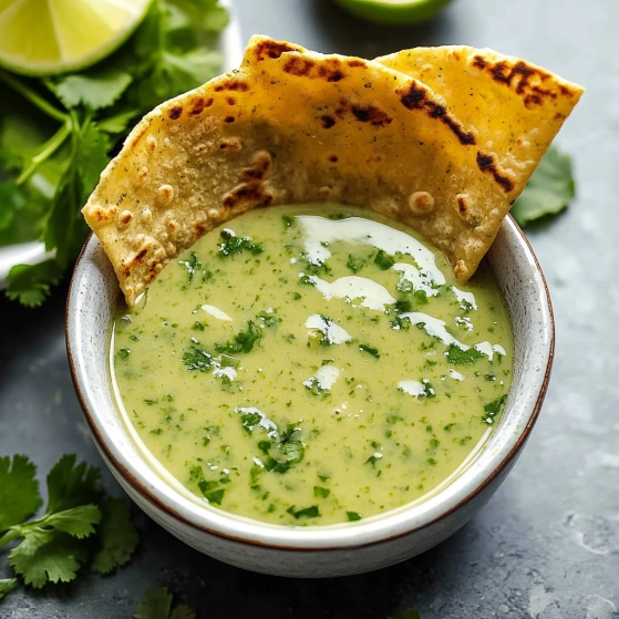 A bowl of soup with a tortilla on top.