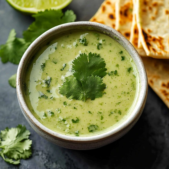 A bowl of soup with a green herb on top.