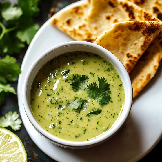 A bowl of soup with a spoon in it.