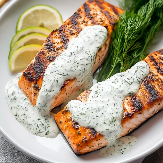 A plate of fish with sauce on it.