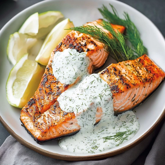A plate of fish with sauce and lemon.