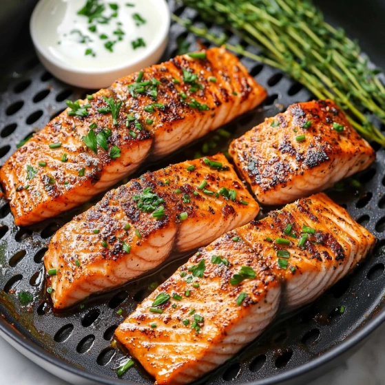 A pan of fish with sauce and herbs.
