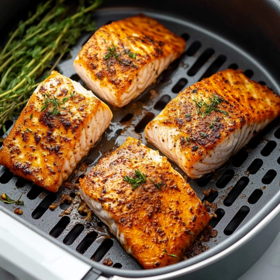 Four pieces of fish on a grill.