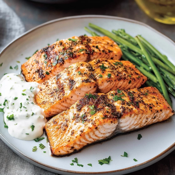A plate of fish with a side of green beans.