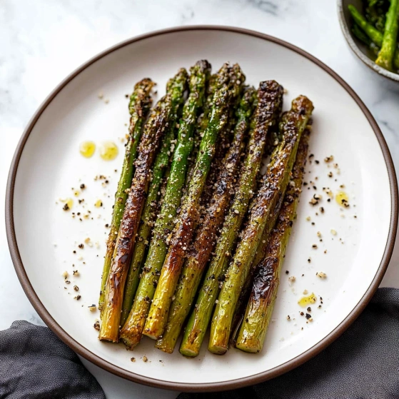 A plate of grilled asparagus with seasoning.