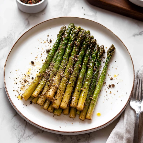 A plate of cooked asparagus with seasoning.