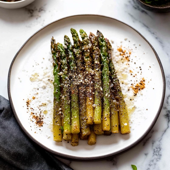 A plate of asparagus with salt and pepper.