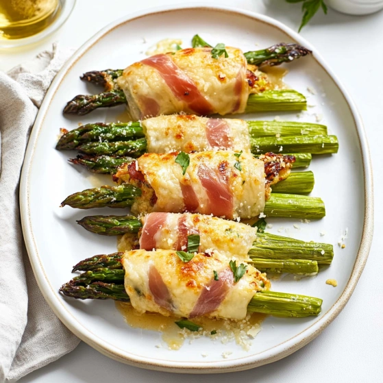 A plate of food with asparagus wrapped in bacon.