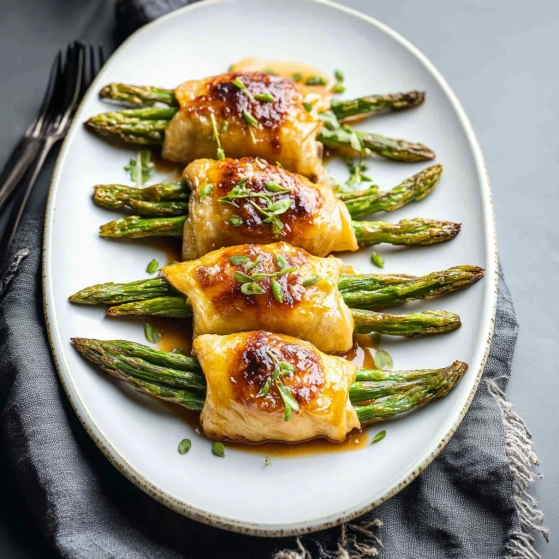 A plate of food with asparagus and meat.