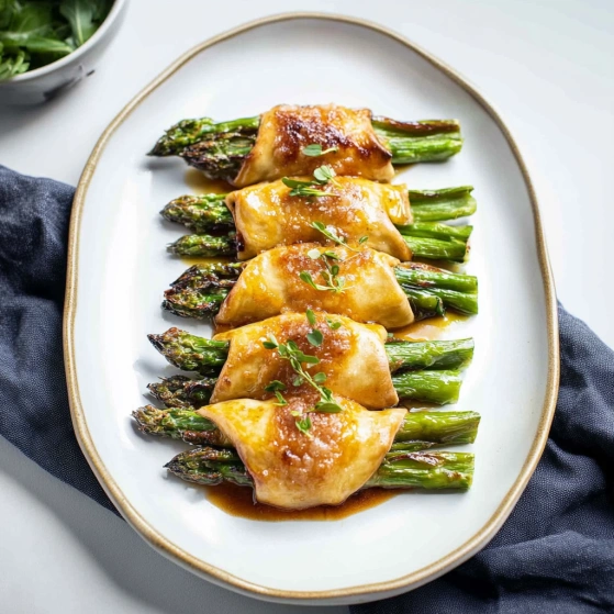 A plate of food with asparagus and meat.