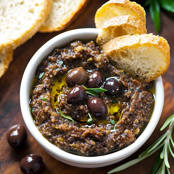 A bowl of food with olives and bread.