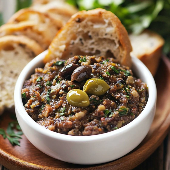 A white bowl of food with olives on top.
