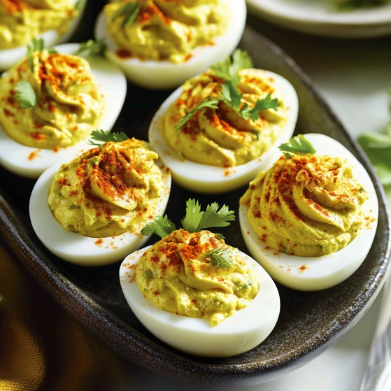 A bowl of deviled eggs with a spoon.