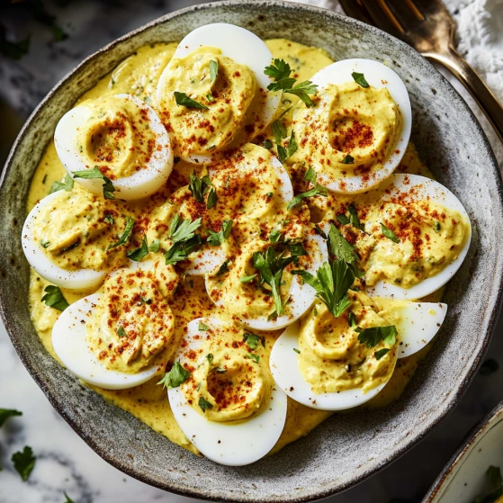 A bowl of food with eggs and sauce.