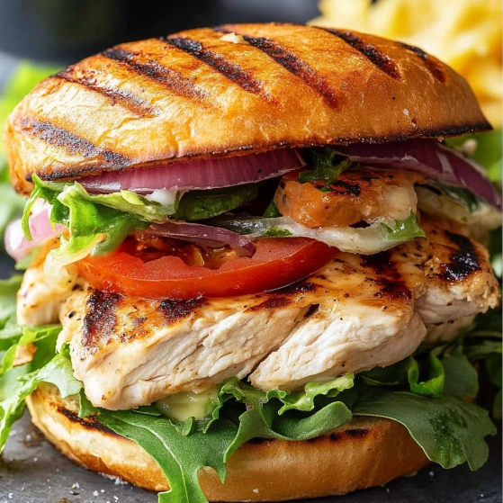 A chicken sandwich with lettuce, tomato, and avocado.