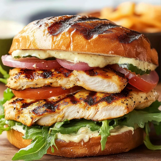 A chicken sandwich with tomatoes and lettuce.